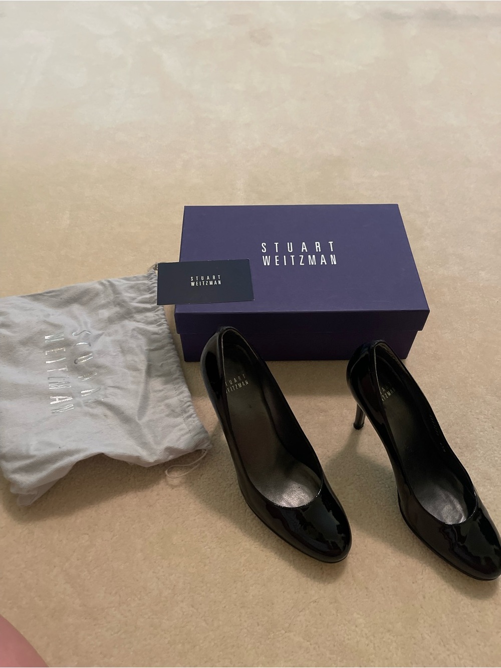 Stuart Weitzman Black Patent Leather Round-Toe Pumps